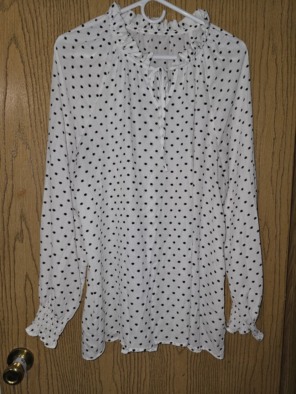 Women’s White Polka Dot Long-Sleeve Ruffle Neck Top